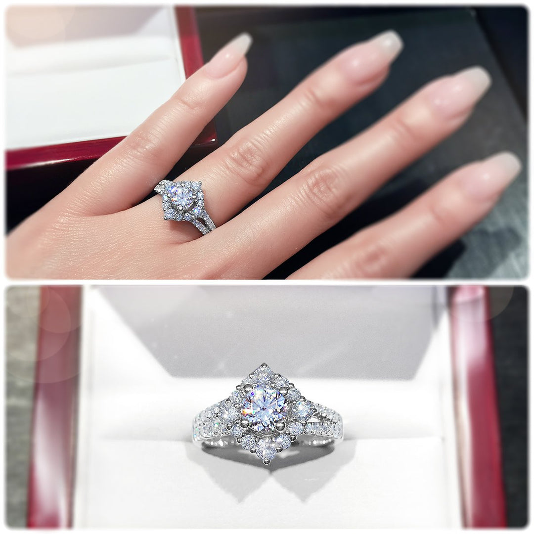 Unique offset halo with twin pavé set diamond band - W0053