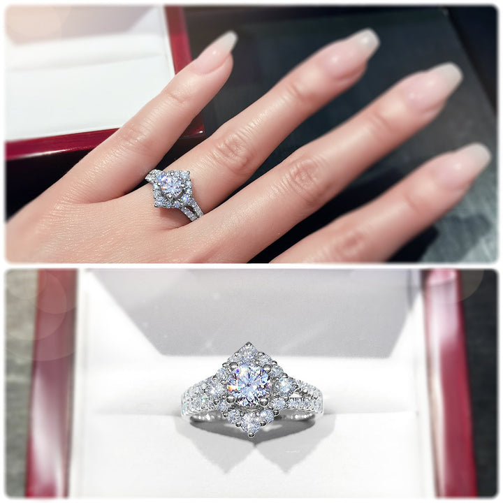 Unique offset halo with twin pavé set diamond band - W0053