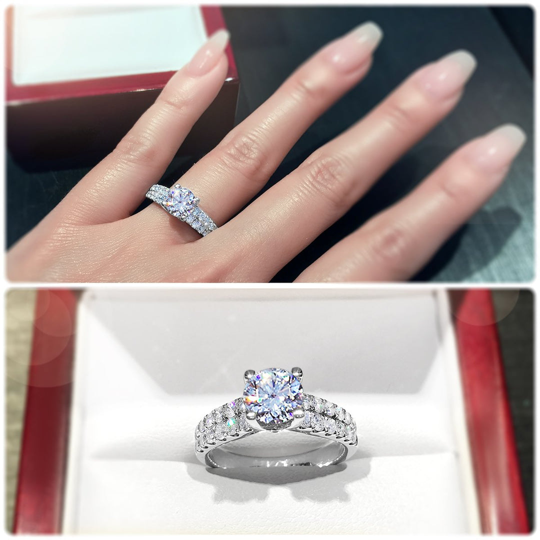 4-Claw engagement ring with tapered two row pavé set band - W0059