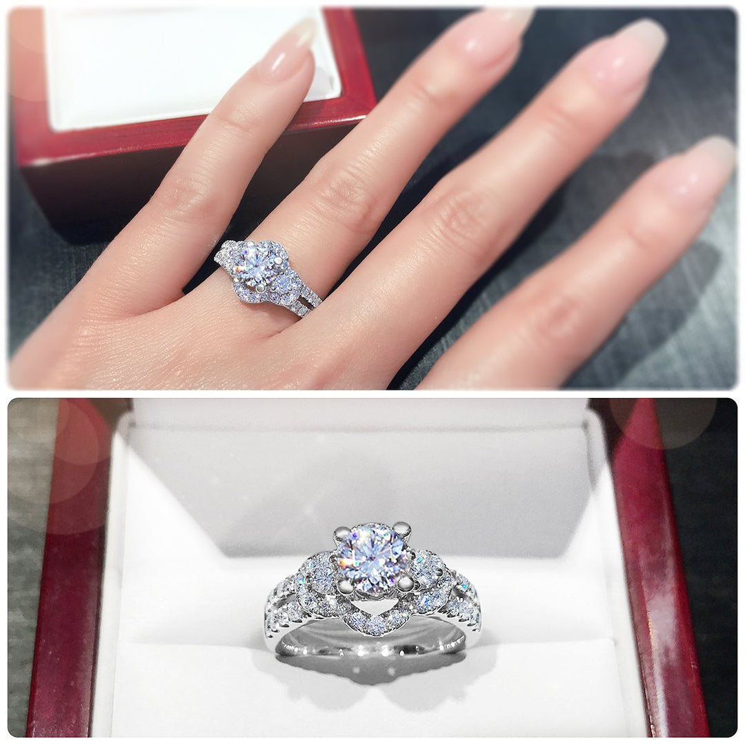 Modern 4-Claw engagement ring with semi halo twin Pavé set band - W0052