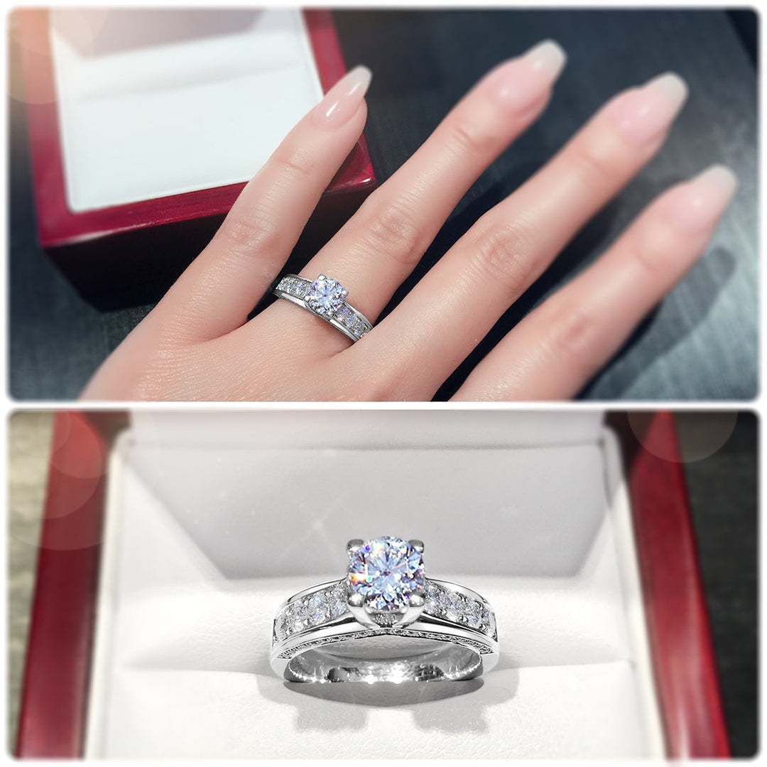 Modern 4-Claw engagement ring with grain set diamond band - W0051