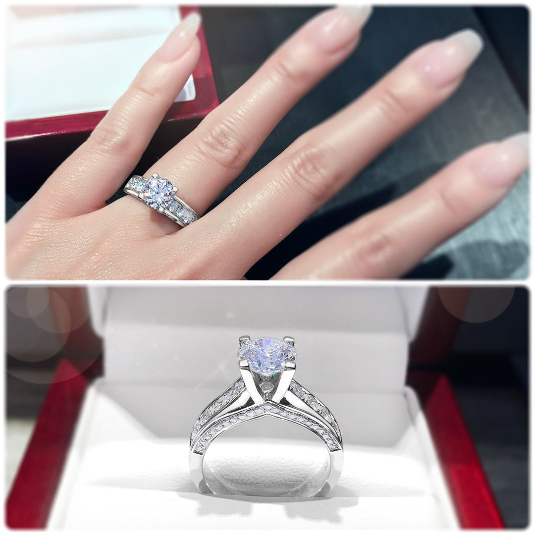 Modern 4-Claw engagement ring with grain set diamond band - W0051
