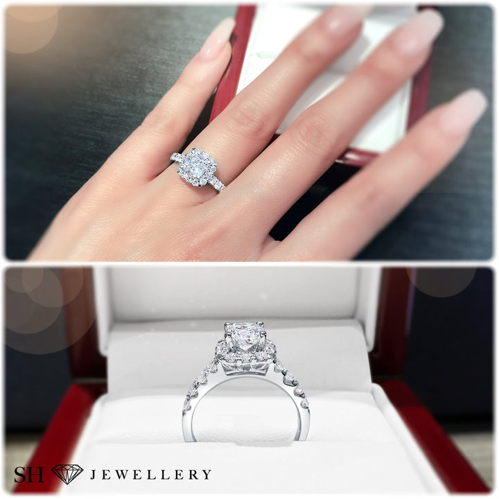 Cushion Cut halo with pavé set diamond band - W0350