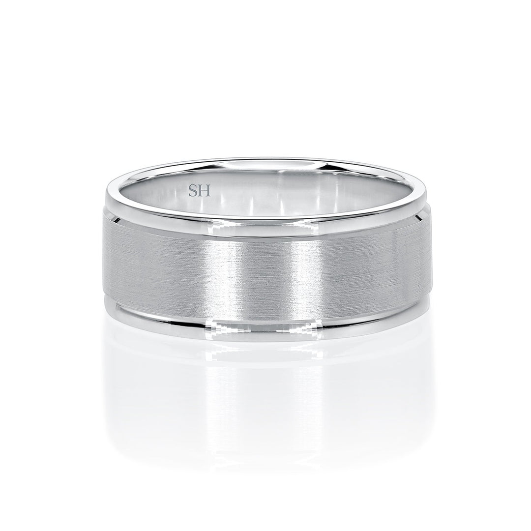 Men’s Wider White Gold Wedding Band With Central Satin Finish (8mm) - W0498