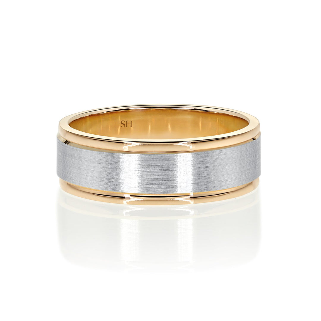 Men's White & Rose Gold Wedding Band With Central Satin Finish (7mm) - W0514