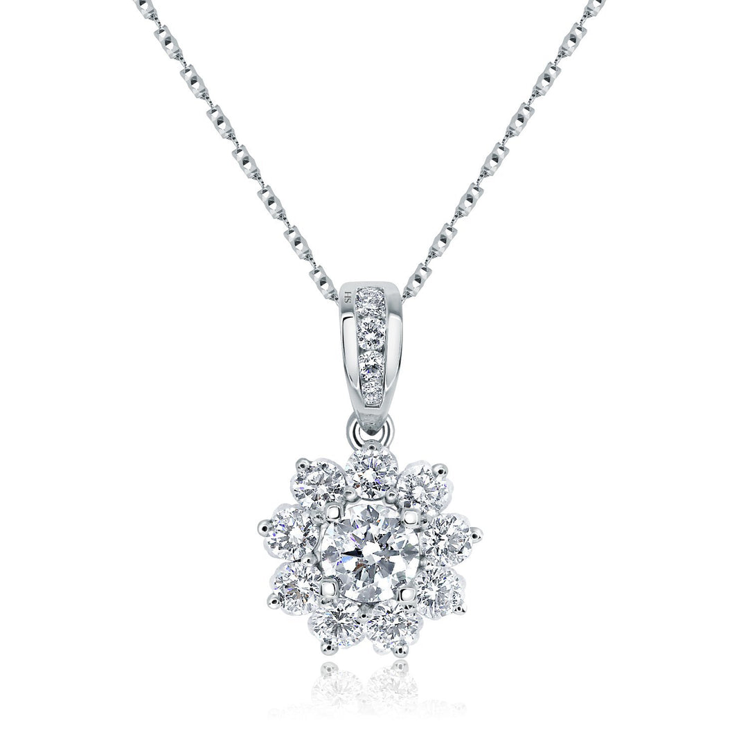 Floral halo pendant with claw-set centre diamond & diamond-set tapered bail - W0722