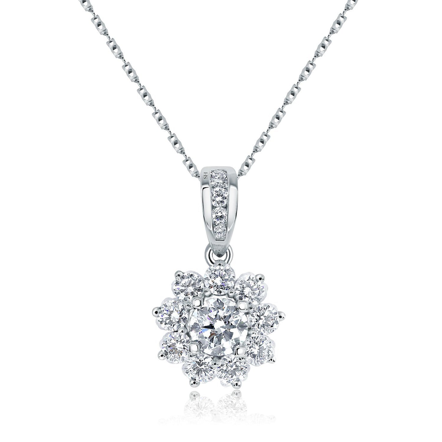 Floral halo pendant with claw-set centre diamond & diamond-set tapered bail - W0722