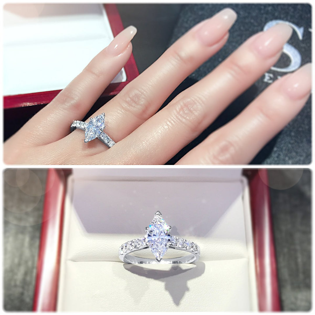Timeless 6-Claw Marquise Cut diamond engagement ring with pavé set band - W0247