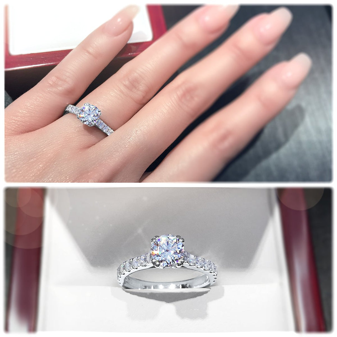Classic engagement ring with 4-Claw double prong tips and pavé set band - W0020