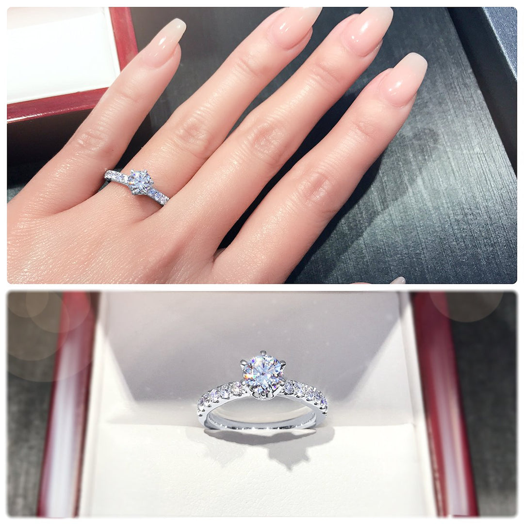 Timeless 6-Claw engagement ring with pavé set band - W0014