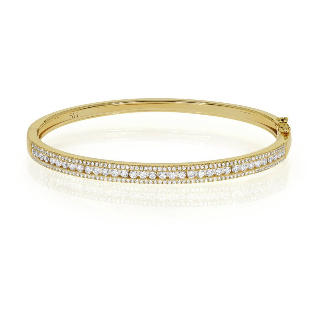 18kt gold 3-row channel and pave set diamond bangle - W0753