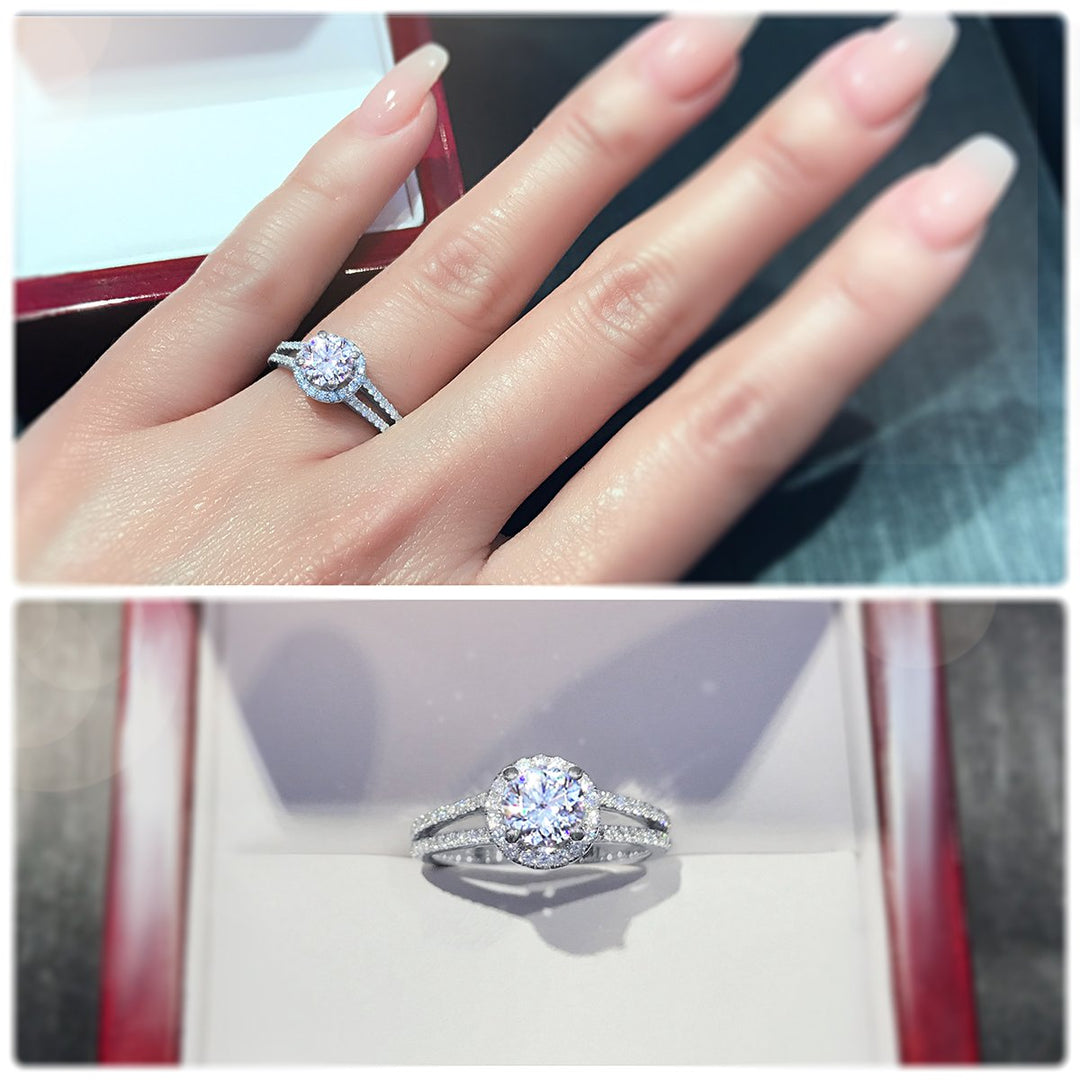 Halo style engagement ring with twin pavé set diamond bands - W0038
