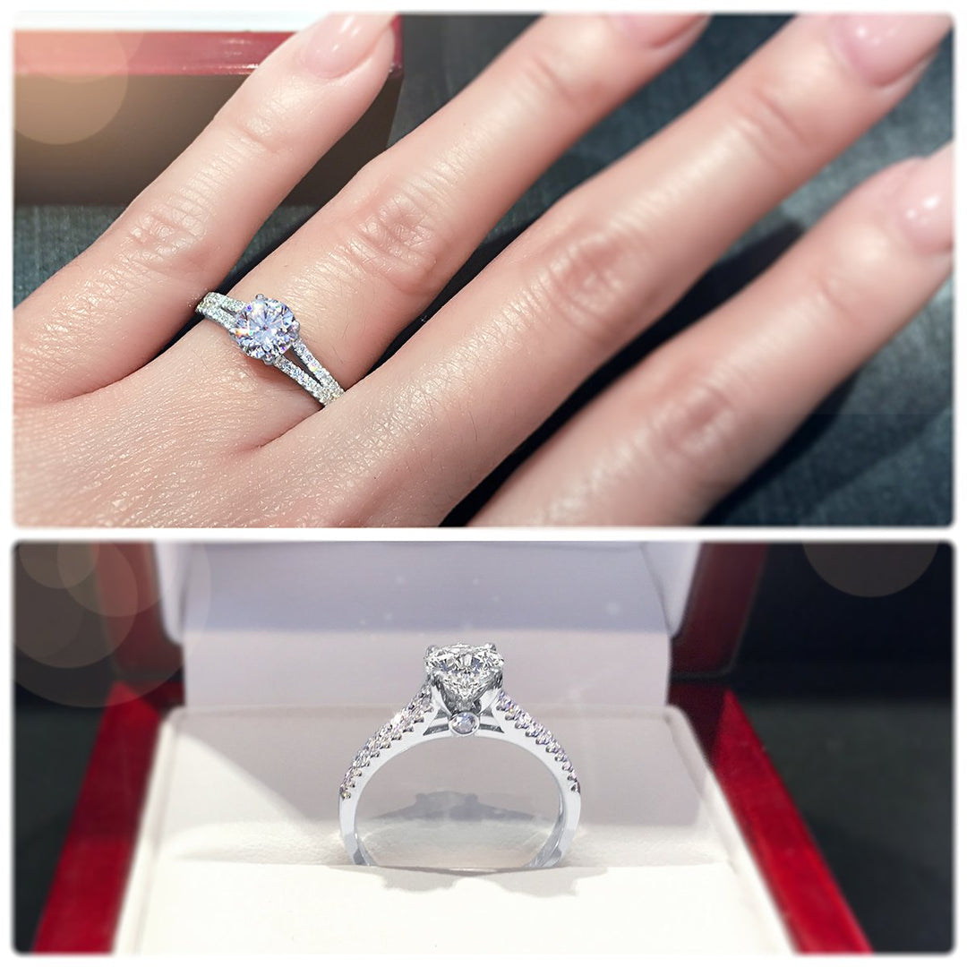 Classic 4-Claw engagement ring with split pavé set diamond band (WG) - W0259
