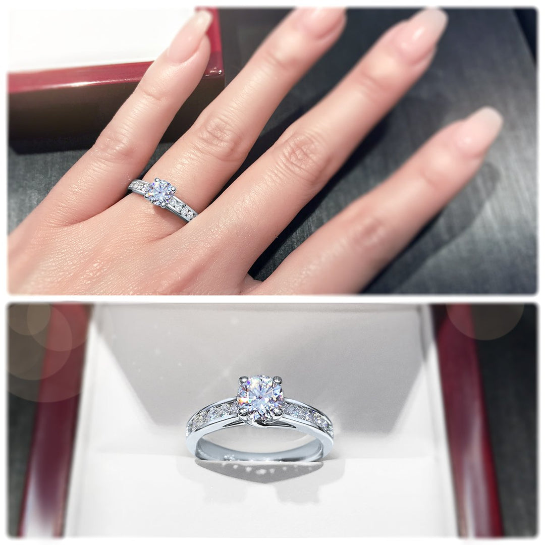 Modern 4-Claw engagement ring with channel set diamond band - W0022