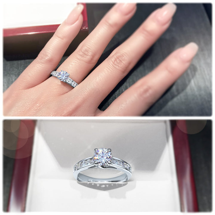Modern 4-Claw engagement ring with channel set diamond band - W0022