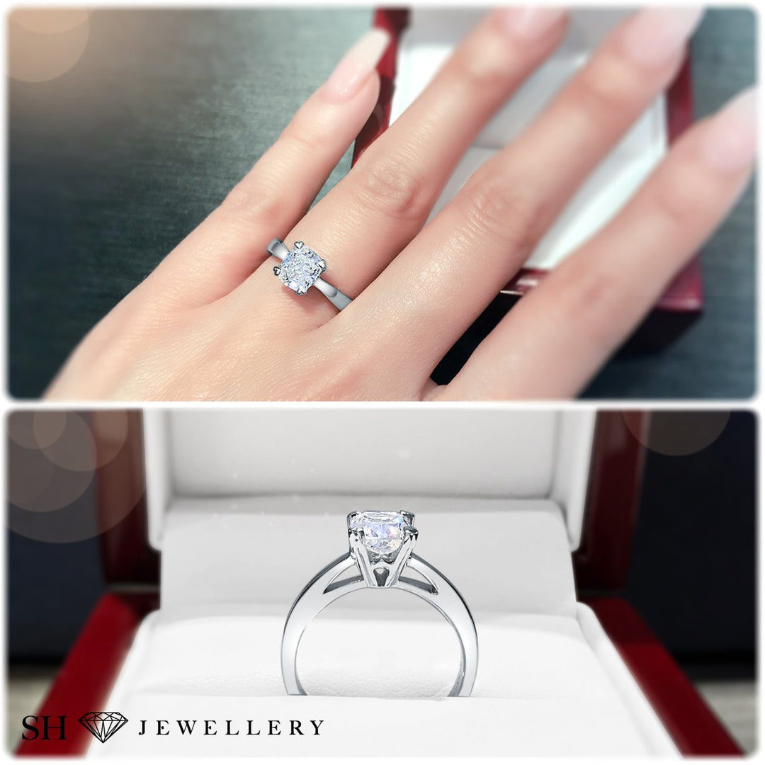 Timeless Cushion Cut engagement ring with heart shaped prong tips - W0255