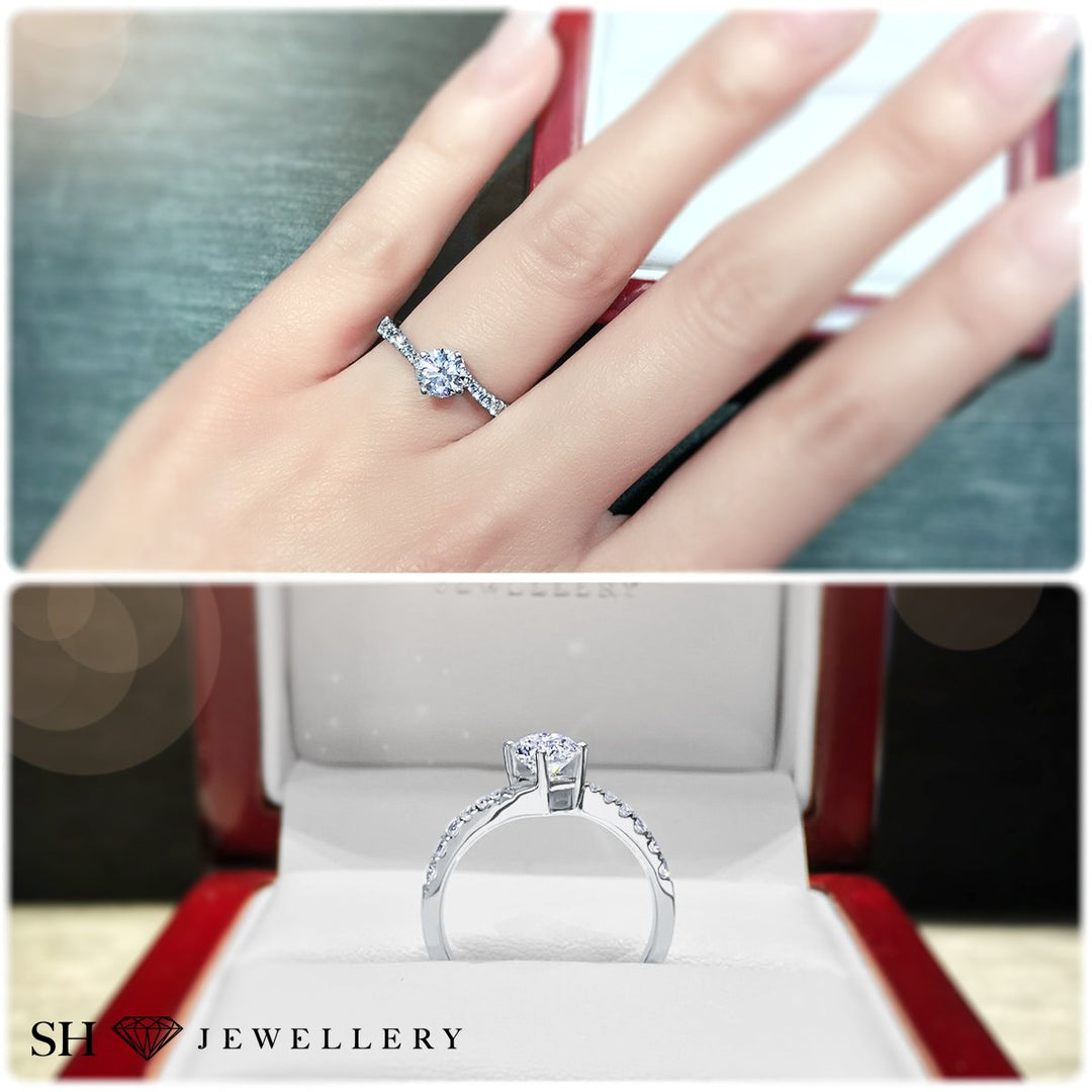 Modern 4-Claw engagement ring with offset diamond band - W0027