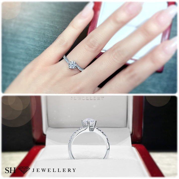 Modern 4-Claw engagement ring with offset diamond band - W0027