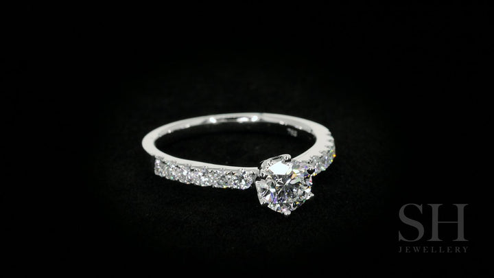 Timeless 6-Claw engagement ring with pavé set band - W0014