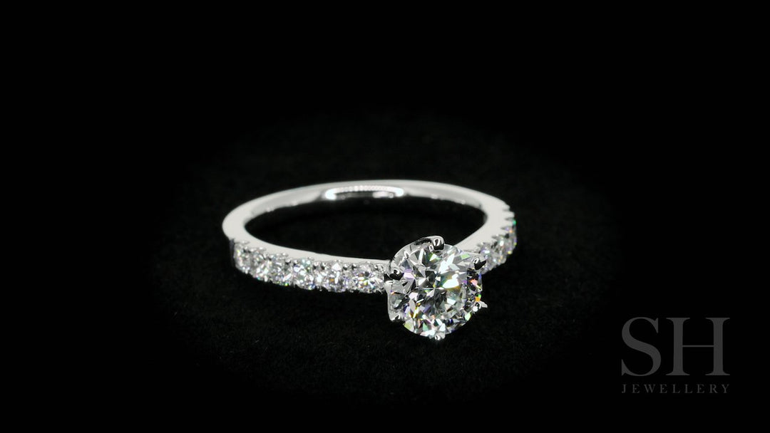 Timeless 6-Claw engagement ring with pavé set band - W0014
