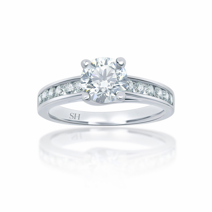 Modern 4-Claw engagement ring with channel set diamond band - W0022