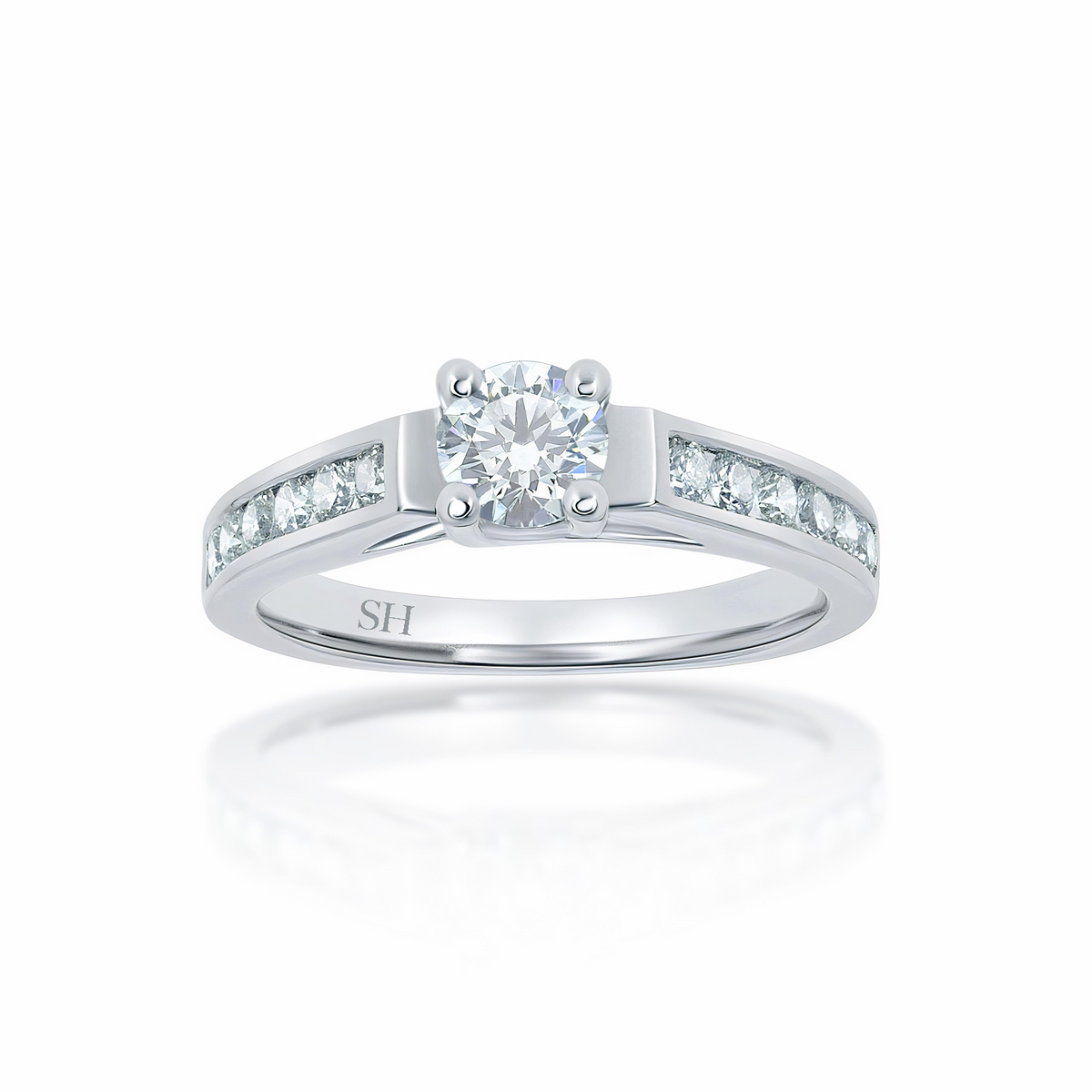Modern 4-Claw engagement ring with channel set diamond band - W0022