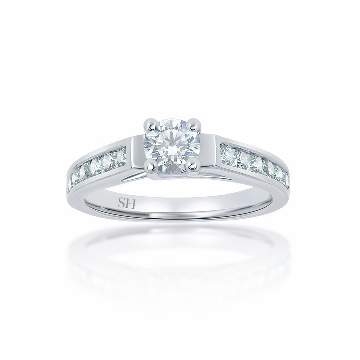Modern 4-Claw engagement ring with channel set diamond band - W0022