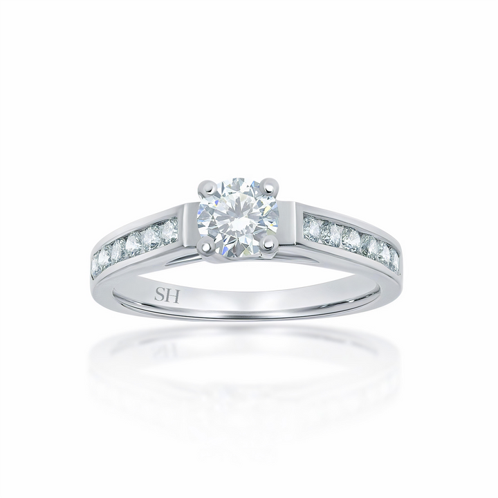Modern 4-Claw engagement ring with channel set diamond band - W0022