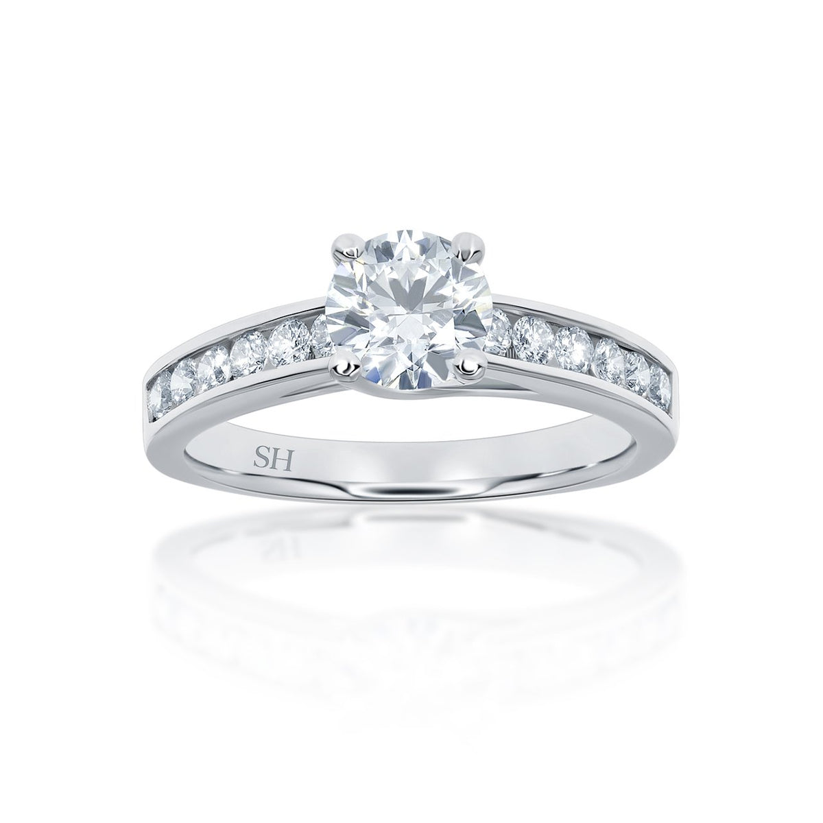 Modern 4-Claw engagement ring with channel set diamond band - W0022