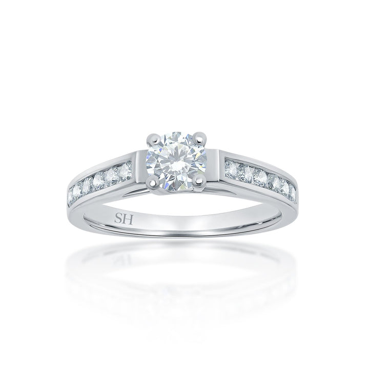 Modern 4-Claw engagement ring with channel set diamond band - W0022