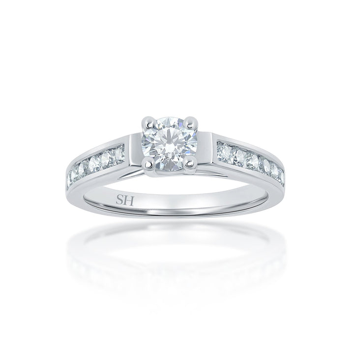 Modern 4-Claw engagement ring with channel set diamond band - W0022