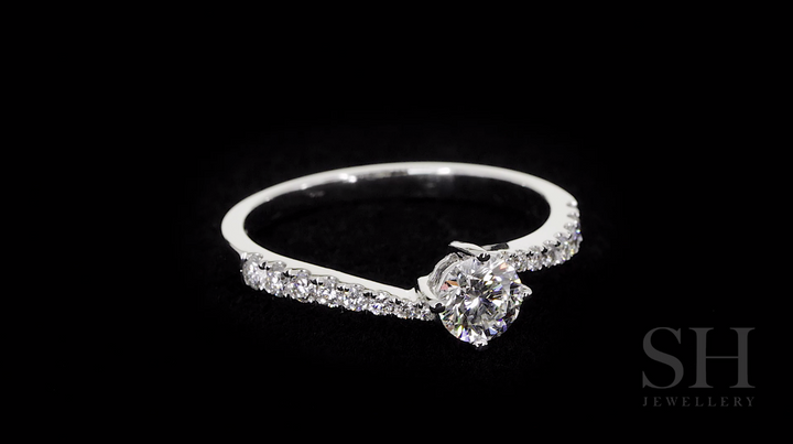Modern 4-Claw engagement ring with offset diamond band - W0027