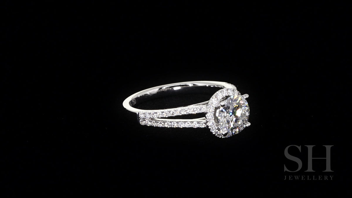 Halo style engagement ring with twin pavé set diamond bands - W0038
