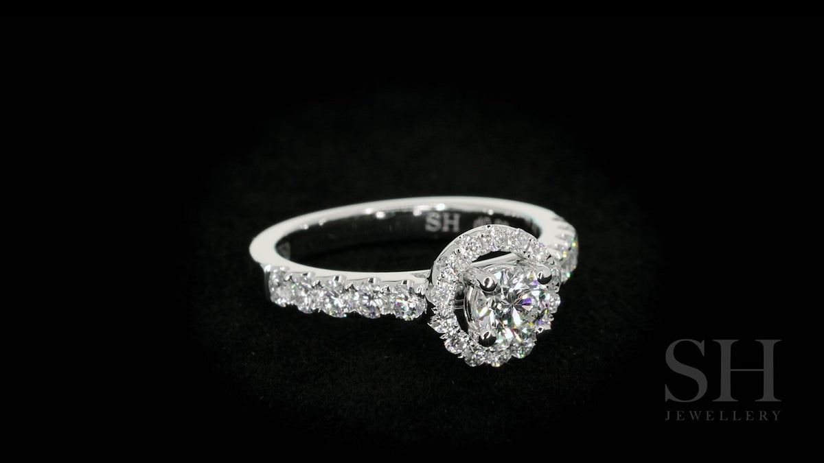Halo style engagement ring with pavé set band - W0044