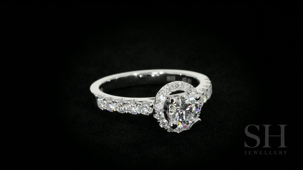 Halo style engagement ring with pavé set band - W0044