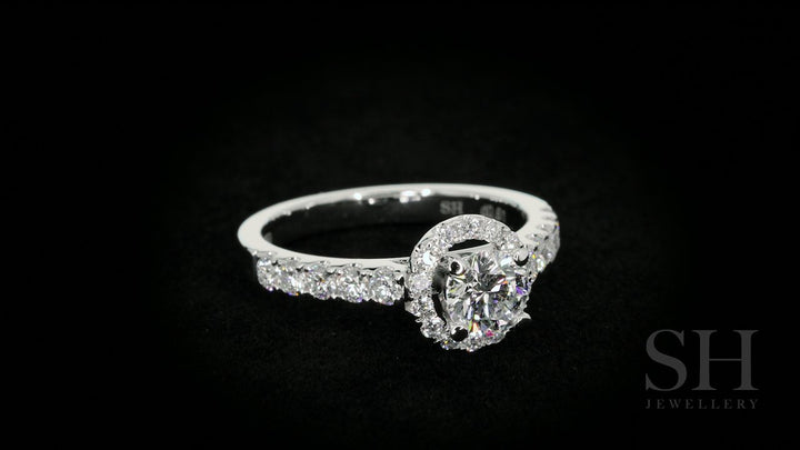 Halo style engagement ring with pavé set band - W0044