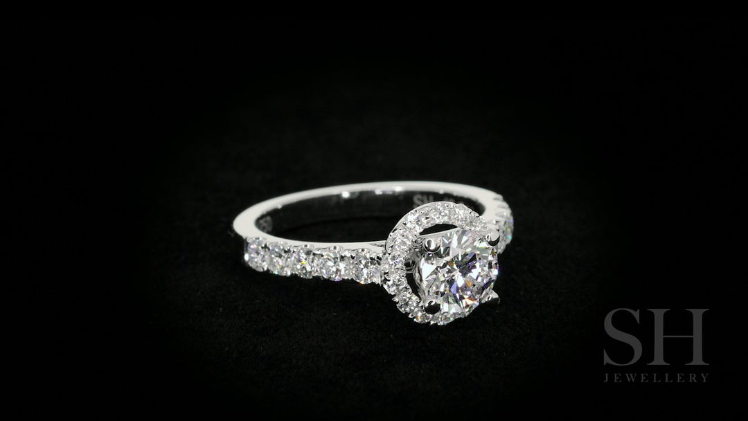 Halo style engagement ring with pavé set band - W0044