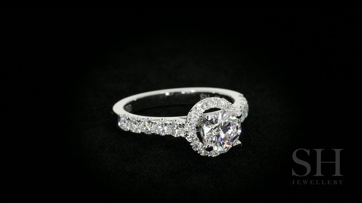 Halo style engagement ring with pavé set band - W0044
