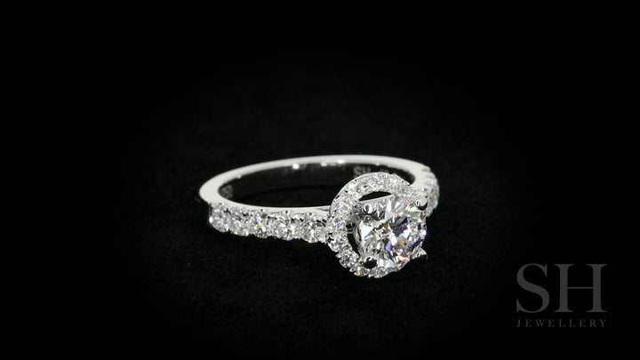 Halo style engagement ring with pavé set band - W0044