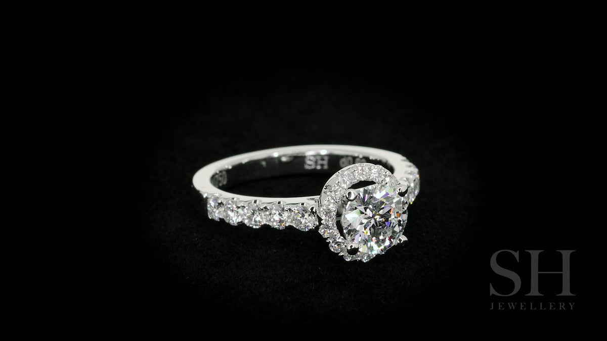 Halo style engagement ring with pavé set band - W0044