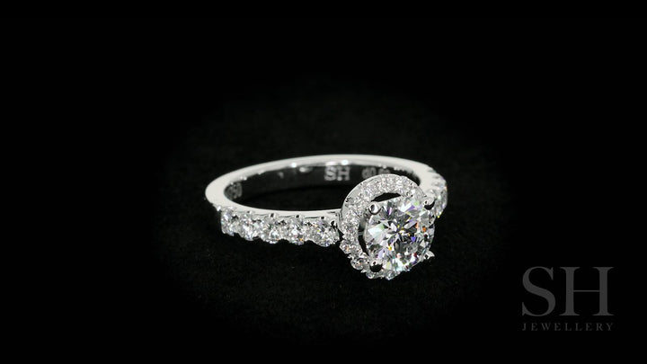 Halo style engagement ring with pavé set band - W0044