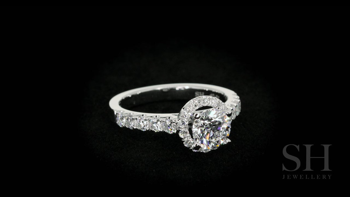 Halo style engagement ring with pavé set band - W0044