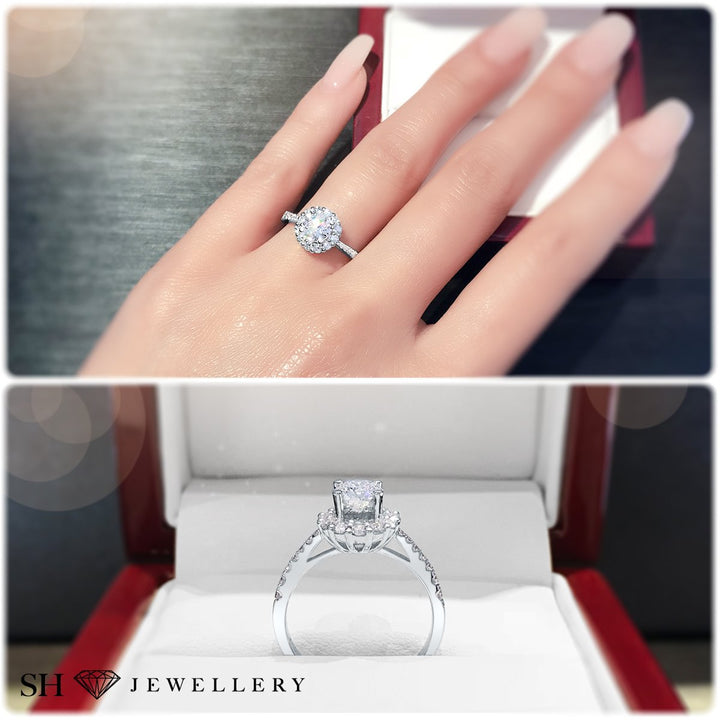 Floral halo style engagement ring with tapered band - W0046