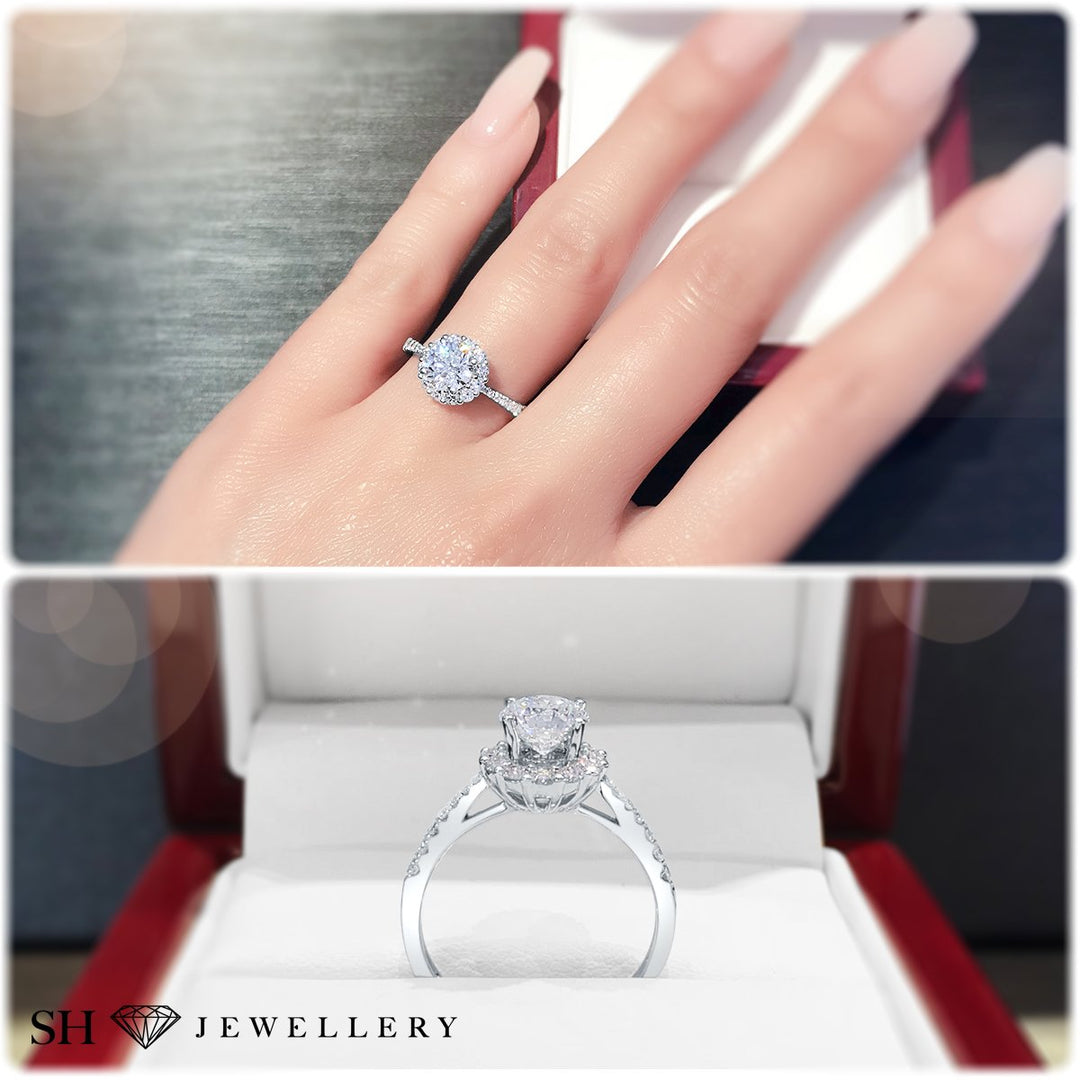 Floral halo style engagement ring with tapered band - W0046