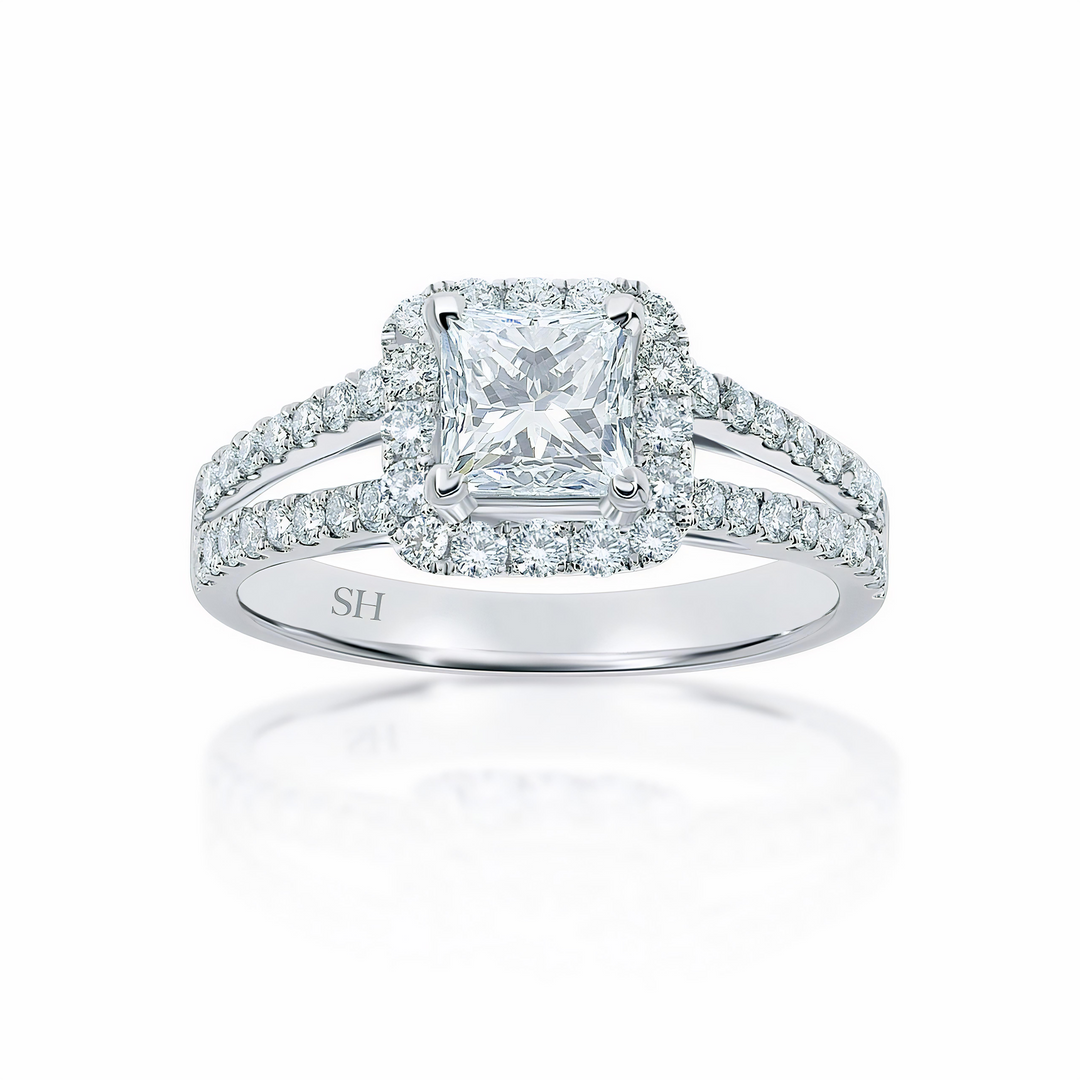 Princess Cut halo and twin pavé set diamond band - W0048