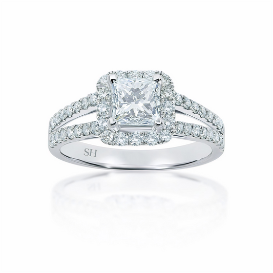 Princess Cut halo and twin pavé set diamond band - W0048