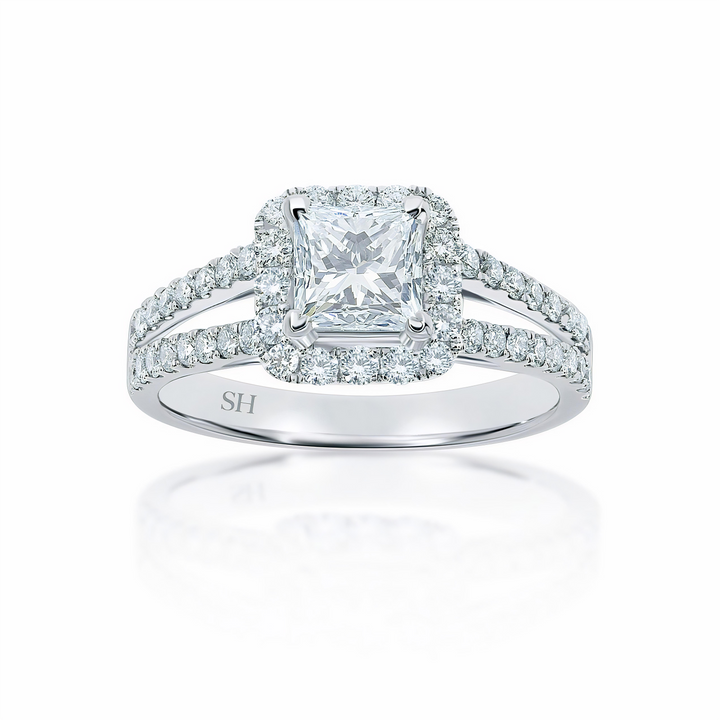 Princess Cut halo and twin pavé set diamond band - W0048