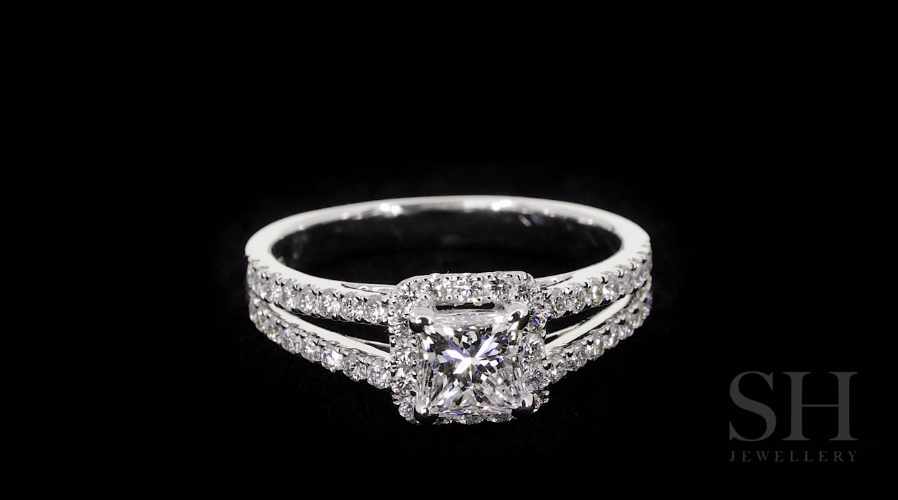 Princess Cut halo and twin pavé set diamond band - W0048