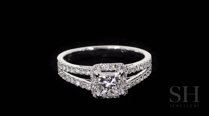 Princess Cut halo and twin pavé set diamond band - W0048