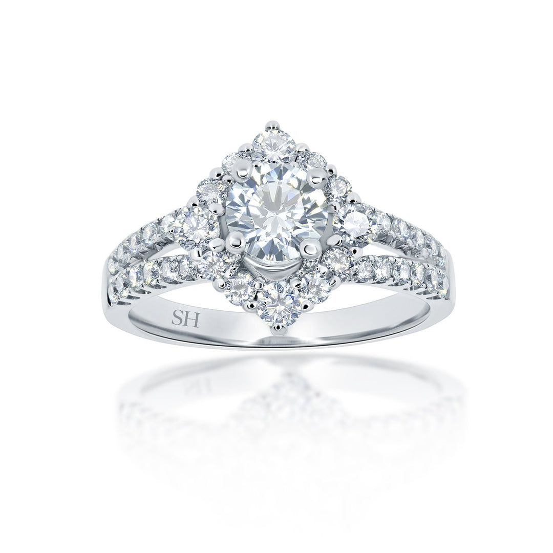 Unique offset halo with twin pavé set diamond band - W0053